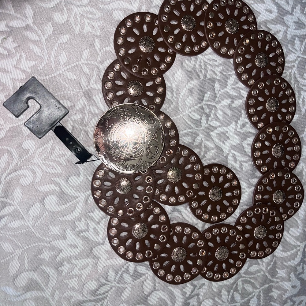 Brown Circular Patterned Belt with Silver Buckle